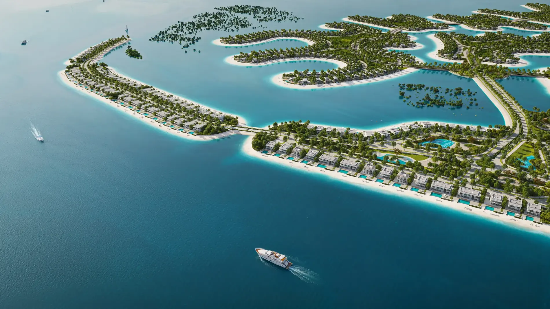 Developer aerial rendering of Ramhan’s villa islands, with beaches and waterways between the rows of villas.