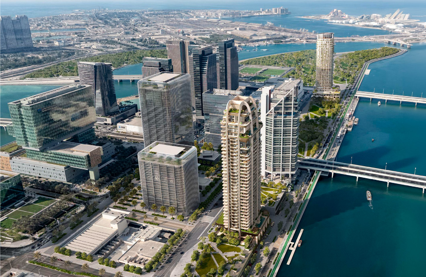 SAAS aerial rendering of The Ritz-Carlton Residences and its Al Maryah waterfront setting.